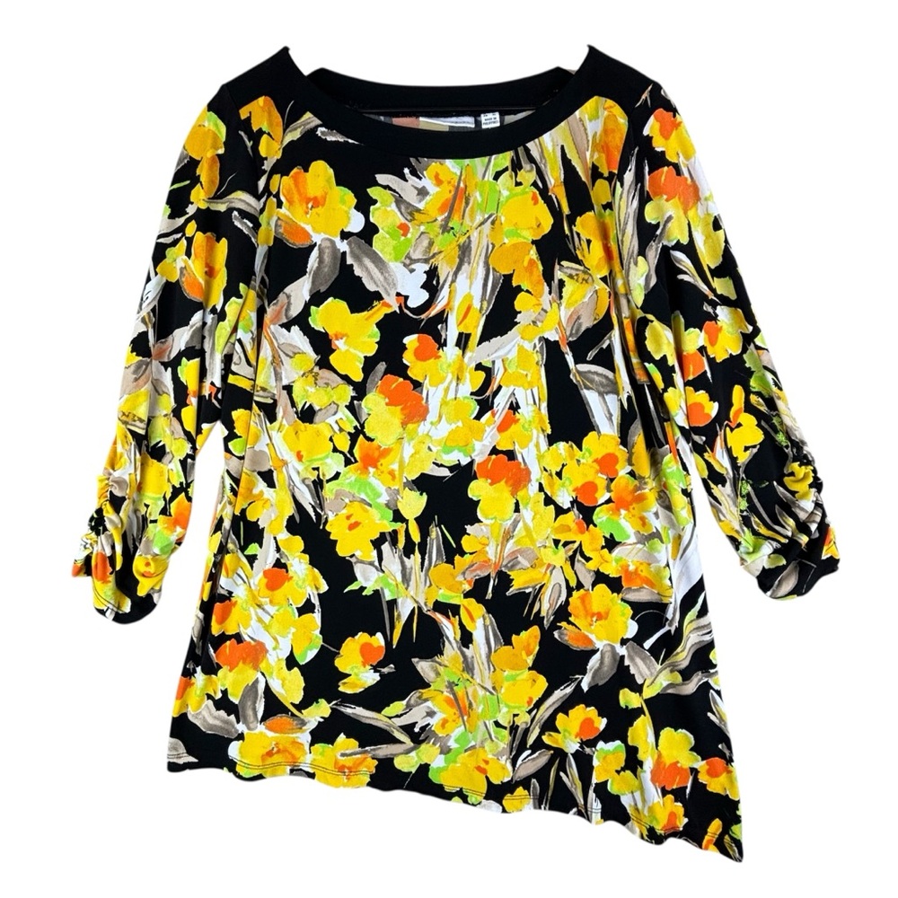 Susan Graver Top Women Large Yellow Black Floral Liquid Knit Tunic Asymmetric
